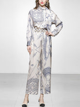 2PS Champagne Satin Floral Printed Shirt And High Waist Wide Leg Pants Suit