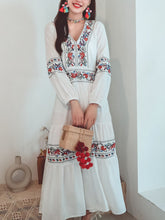 Jolly Vintage Embroidered Floral V Neck Long Sleeves Boho Maxi Cotton Dress
