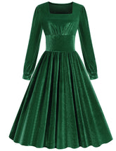 Christmas Green Square Collar Long Sleeve Velvet 1950S Vintage Swing Dress