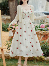 2PS White Cherry Print Spaghetti Strap Dress