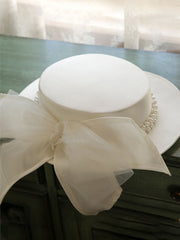 White Big Bow Wedding Pearls Hat