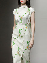 2PS White Retro Stand Collar Satin Printed Top