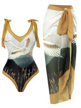 Cranes Bird Print Retro Style V Neck One Piece