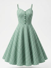 1950s Green Gingham Button Front Spaghetti Strap Swing Summer Picnic Dress