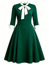1950s Emerald Green Bow Tie Swing Dress 3/4 Sleeves