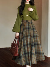 2PS Green Sweater And Plaid Swing Skirt 1950S Vintage Audrey Hepburn's Style Outfits