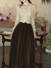 White Lace V Neck Top and Brown Velvet Swing Skirt Dress Set