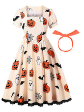 1950s Orange Square Neck Short Sleeve Halloween Pumpkin Print Vintage Swing Dress