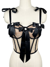 Black Bow Nude Lace Corset Top - Pearl Embellished Bustier