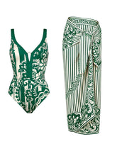 2PS Green and White Paisley Tile Print V-Neck Swimsuit and Stripe Sarong Set