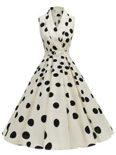 1950s Vintage Audrey Hepburn Style White Polka Dots Swing Dress