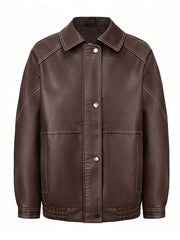 Dark Brown Contrast Stitch Faux Leather Bomber Jacket
