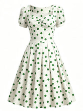 1950s Green Polka Dots Vintage Puff Sleeve Retro Swing Dress