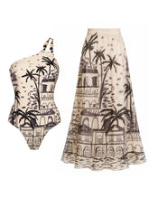 One-Shoulder Tropical Print Swimsuit & Matching Maxi Skirt Cover-Up Set