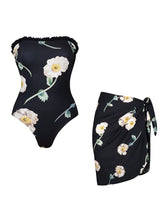 Black Vintage Floral Print Bandeau One-Piece Swimsuit