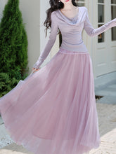 2PS Purple Lace Long Sleeve T-shirt And Purple Swing Tulle Skirt Suits