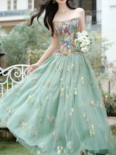 2PS Vintage Jacquard Corset and Sage Green Embroidered Floral Tulle Maxi Dress Fairycore Party Gown