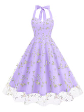 Purple Semi Mesh Rose Embroidered Sleeveless Halter Neck 50S Swing Dress
