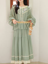 2PS Green Cottagecore Linen Embroidered Long Sleeve Blouse and Skirt Vintage Set