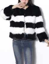 Black and White Stripes Faux Fur Long Sleeve Coat Winter Coat