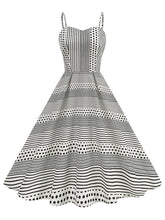 1950s Vintage Polka Dot Vertical Stripes Spaghetti Strap U-Neck Retro Swing Dress