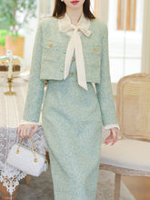 Vintage 1940s Mint Green Tweed Skirt Suit Set Bow Collar & Matching Jacket