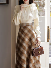 2PS White Bow Warm Sweater And Brown Plaid A-line Skirt