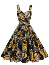Orange 1950S Halloween Rose Printed V Neck Vintage Dress