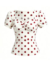 1950s Vintage Sweetheart Neck Retro White and Red Puff Sleeve Blouse Rockabilly Shirt