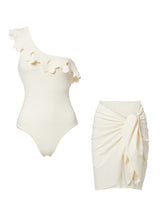 White One-Shoulder Scallop Cutout Swimsuit Tie-Front Sarong Skirt Set