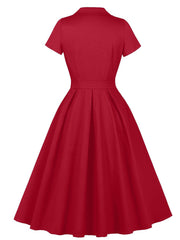 1950s Teal Blue Retro Double Breasted Lapel Collar Swing Dress