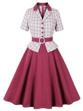 1950S Wine Red Plaid Short Sleeve Vintage Swing Dress