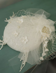 White Handmade Flowers Satin Birdcage Veil Wedding Vintage Hat