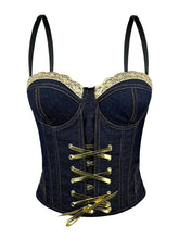 Vintage Dark Blue Denim Corset Top - Gold Lace Trim Lace-Up Bustier