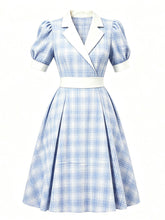 1950s Baby Blue Plaid Notch Lapel Collar Vintage Puff Sleeve Retro Swing Dress