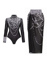 Black Beaded Chain Print Long Sleeve Bodysuit
