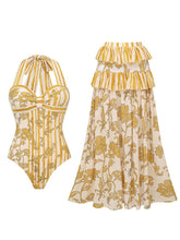 Yellow Floral Striped Halter Swimsuit & Tiered Ruffled Maxi Skirt Set
