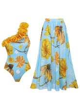 Light Blue Floral Print One-Shoulder One Piece