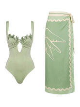 2PS Sage Green Floral One-Piece Swimsuit Wave Trim Sarong Wrap Skirt Set