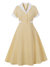 1950s Yellow Plaid Lapel Collar Short Sleeve Swing Dress
