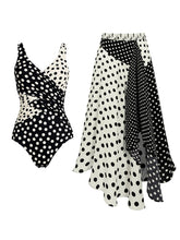 Split Color Block Polka Dot Ruched V-Neck Bathing Suit and Asymmetric Hem Beach Skirt Set