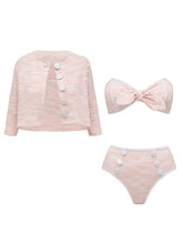3 Piece Textured Pink Bathing Suit Vintage 1960s Mod Bow Bikini Set