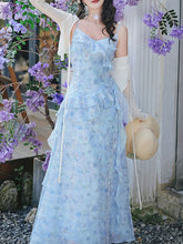 2PS Blue Floral Print Shimmer Cottagecore Ruffle Tiered Cami Dress Set for Garden Party