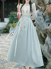 2PS Blue Stand Collar Embroidered Top and White Horse-face Skirt Vintage Suits