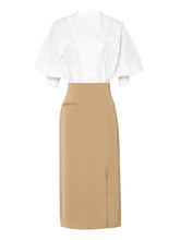 2PS V Neck White Shirt And Khaki Split Bodycon Skirt Suit