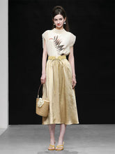 2PS Silk Printed Sleeveless Top and Gold Metallic Midi Skirt Dress Set
