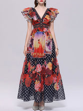Dark Boho Floral Printed Chiffon V-Neck Ruffled Summer Beach Maxi Dress