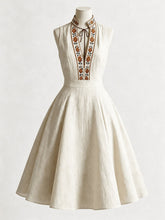 1970s Boho Embroidered Halter V-Neck Linen Midi Dress