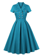 1950s Teal Blue Retro Double Breasted Lapel Collar Swing Dress