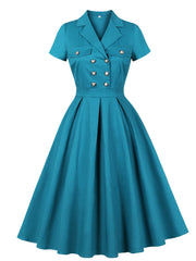 1950s Teal Blue Retro Double Breasted Lapel Collar Swing Dress